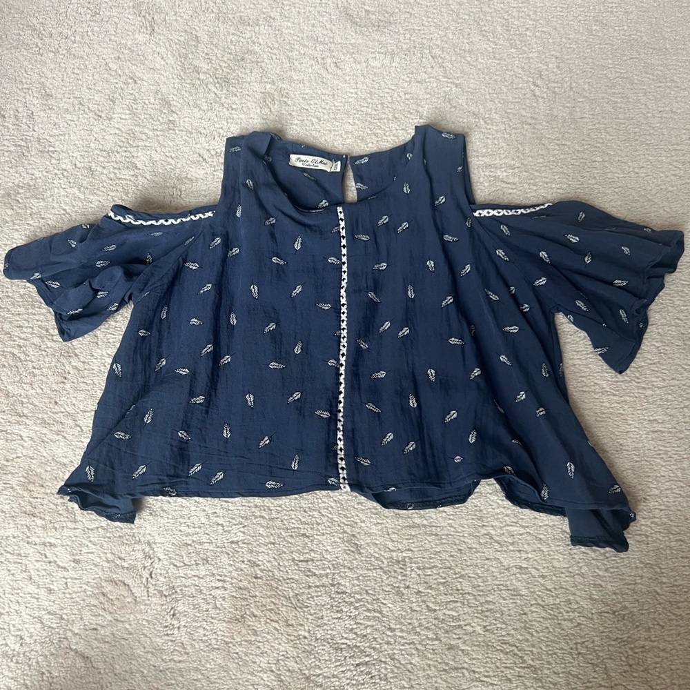 Navy Cold Shoulder Blouse with Feather Print